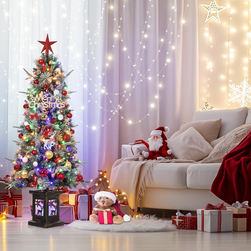 4.5Ft Pre Lit Artificial Slim Christmas Tree Flocked Or Full Designs With Clear Multicolor Lights Elk Light Box